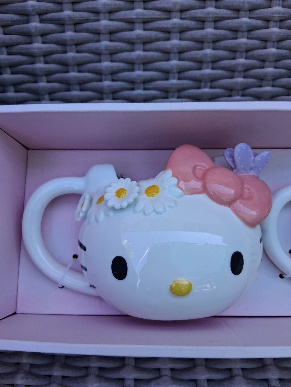 Hello Kitty Ceramic Face Mug Pair with Pink Bows and Purple Accents